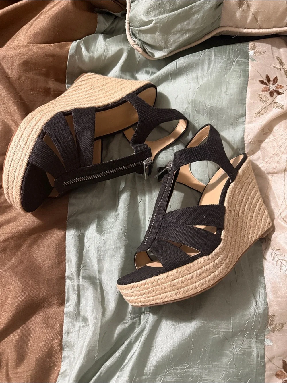 Michael Kors Black Canvas Espadrille Wedge Sandals with Front Zipper Detail